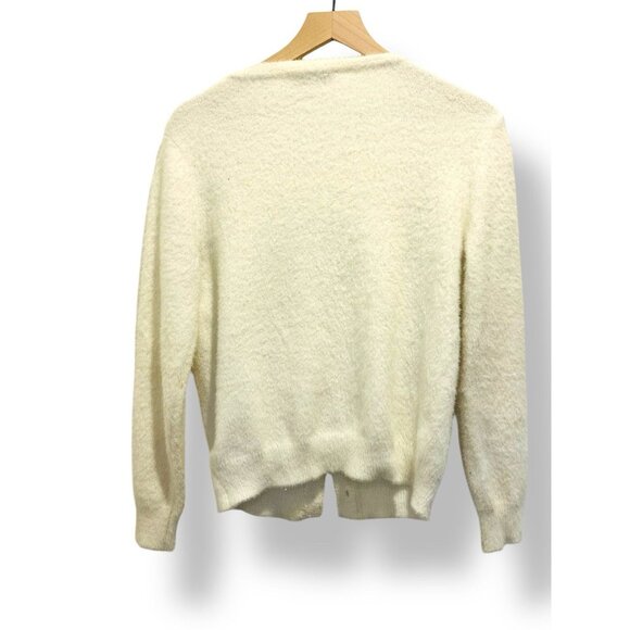 Nanette Lepore Chain Trim Eyelash Cardigan Sweater White Gold Buttons Sz Medium - Picture 6 of 12